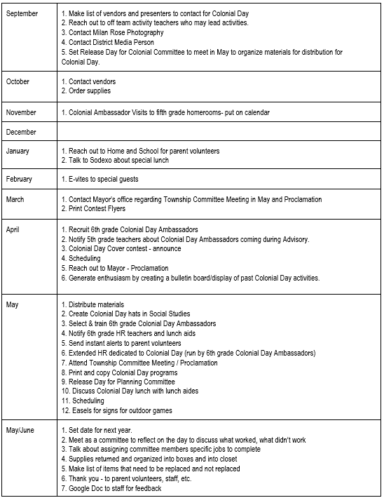 colonial day planning schedule