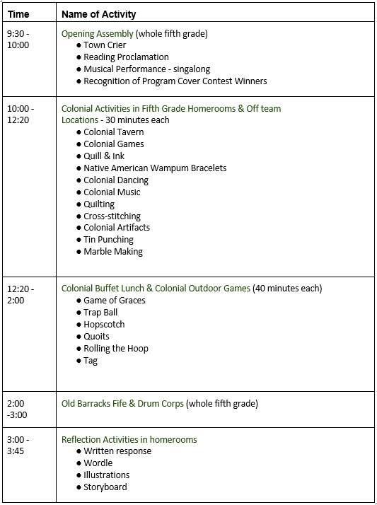 colonial day sample schedule