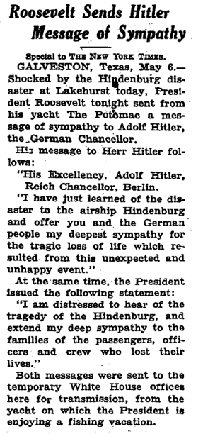 roosevelt sends hitler message of sympathy